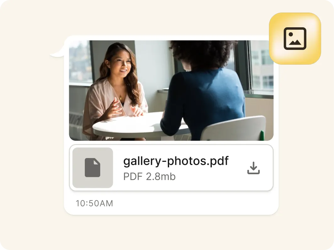 Two women sit at a round table by a window, chatting via Mobile Omnichannel Messaging. Below them, a chat message shows a PDF attachment labeled gallery-photos.pdf, 2.8mb, with a download icon and time stamp reading 10:50AM.