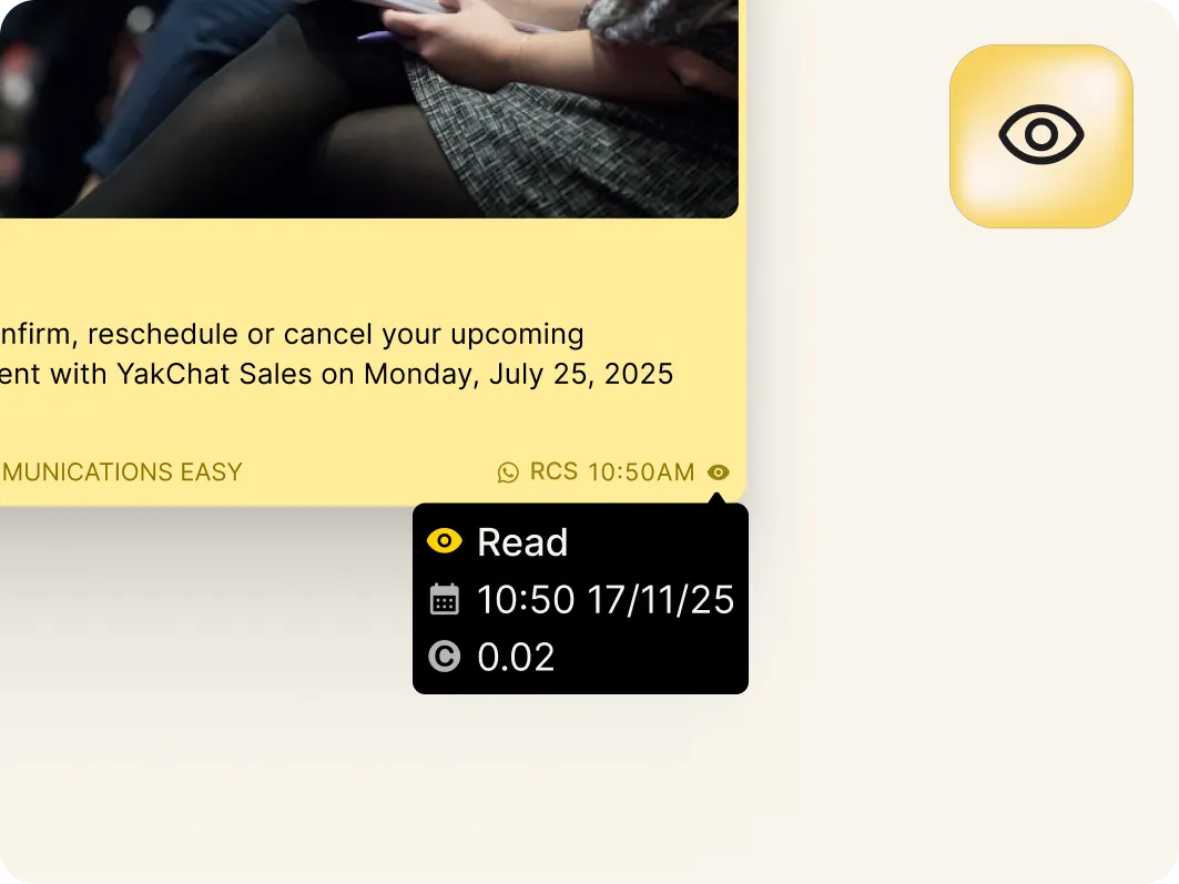 A digital interface for Mobile Omnichannel Messaging shows a message status notification. An eye icon indicates it was read at 10:50 AM on November 17, 2025, with a data usage of 0.02. A blurred background reveals people sitting.