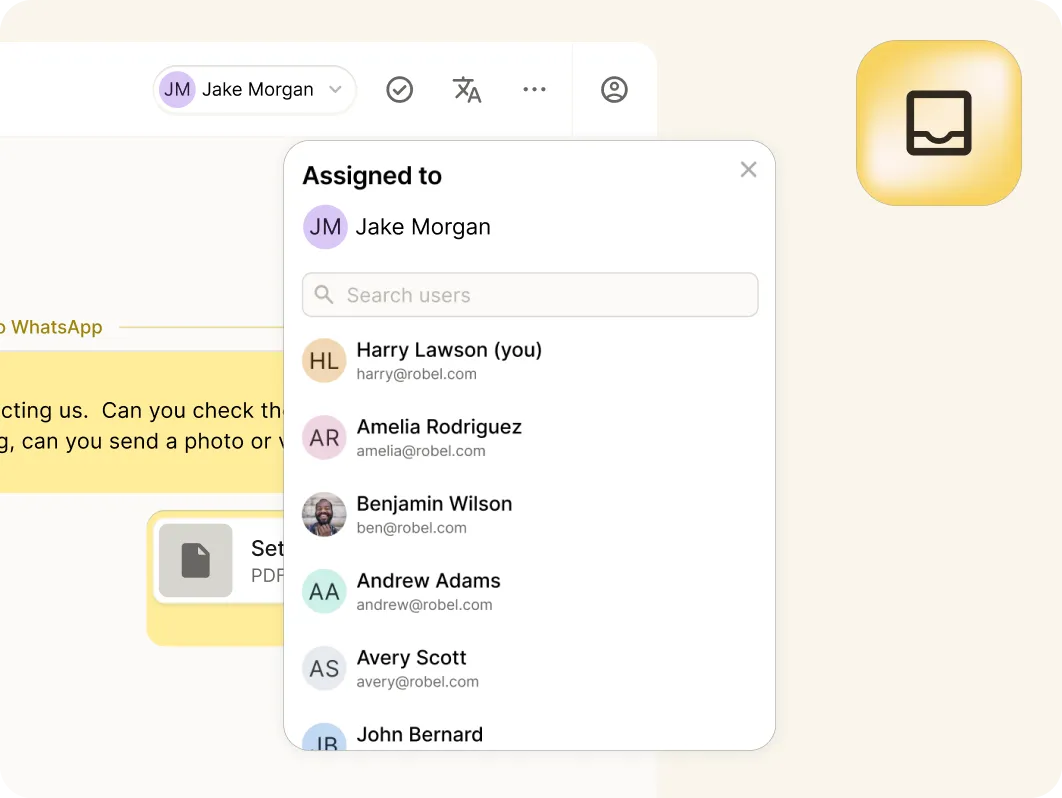 A task assignment dropdown in a Mobile Omnichannel Messaging app shows Assigned to Jake Morgan and a list of users below with colored initials and email addresses. The background features an illustrated clipboard icon.