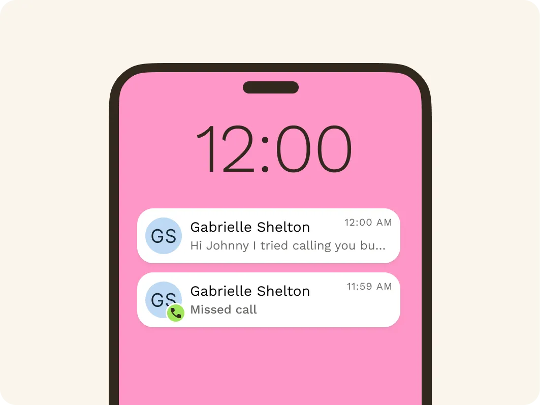 A smartphone screen with a pink background displays the time 12:00 and two Mobile Omnichannel Messaging notifications from Gabrielle Shelton: one text message and one missed call.