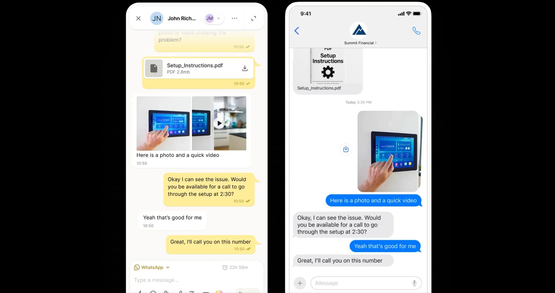 Two smartphones display messaging apps with similar conversations about setting up a device. Both screens show a hand touching a wall-mounted control panel and an attached PDF titled “Setup Instructions.”.