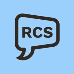 A black speech bubble outline containing the letters RCS on a light blue background.