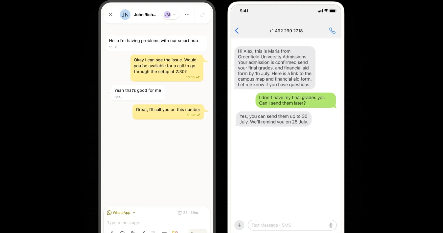 Two smartphones display messaging apps. The left screen shows a WhatsApp chat arranging a call about a smart hub. The right screen shows a text conversation about university admission and final grades.