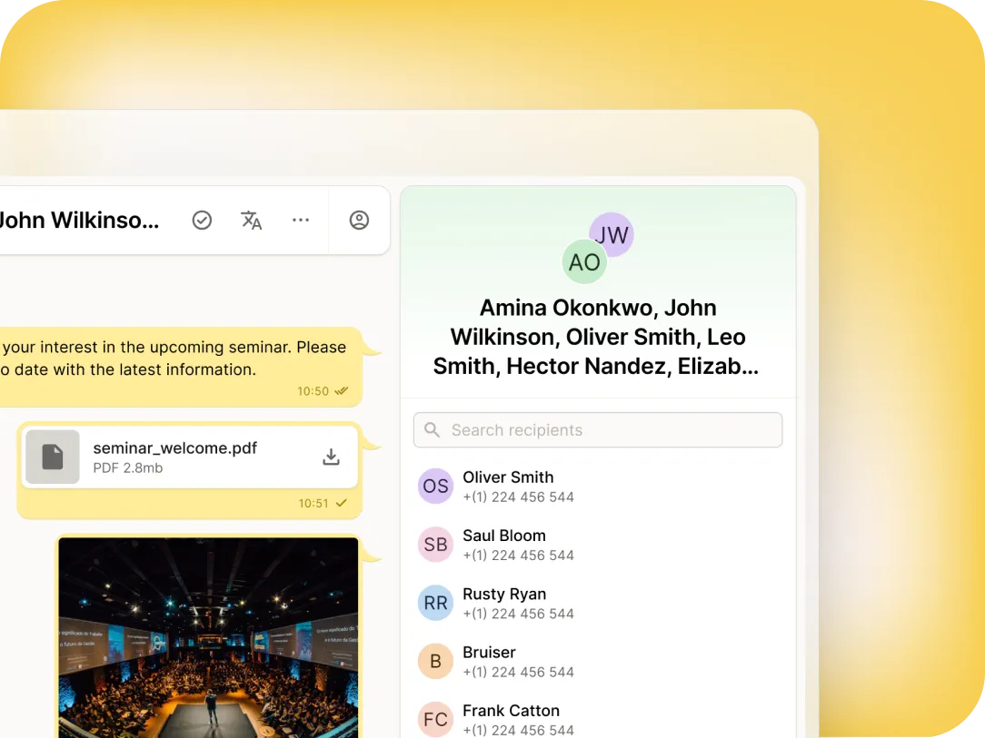 A messaging app interface shows a conversation about a seminar, with a PDF attachment and a photo of a large audience in an auditorium. A sidebar lists contacts, including Amina Okonkwo and others. The background is yellow.