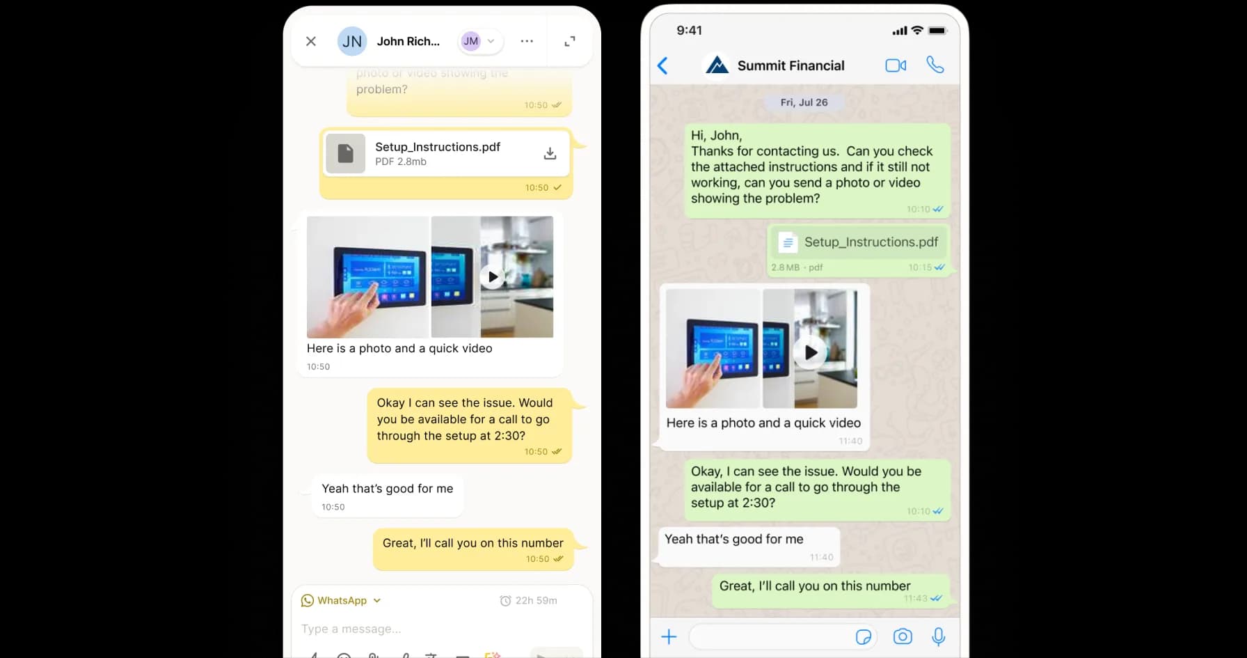 Two smartphones display messaging apps with similar conversations. Both screens show users sharing a PDF and a photo of a hand touching a smart home touchscreen, discussing troubleshooting and arranging a phone call.