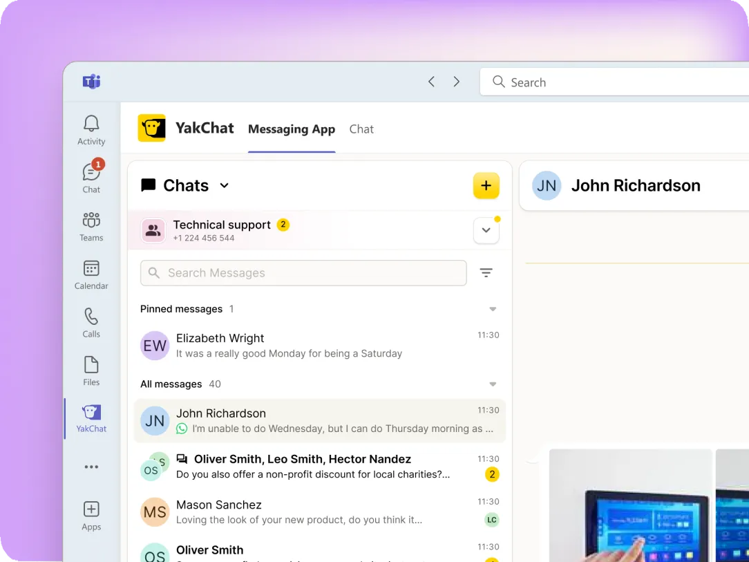 A computer screen displays the YakChat messaging app interface for omnichannel messaging for Microsoft Teams, showing chat conversations, contacts, and a partial view of a person holding a tablet in the lower right corner.