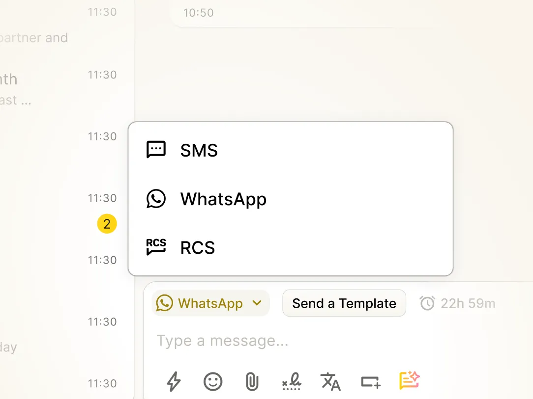 An omnichannel messaging interface for Microsoft Teams displays options to send a message via SMS, WhatsApp, or RCS. The WhatsApp option is selected, revealing a chat window with message input and icons below.