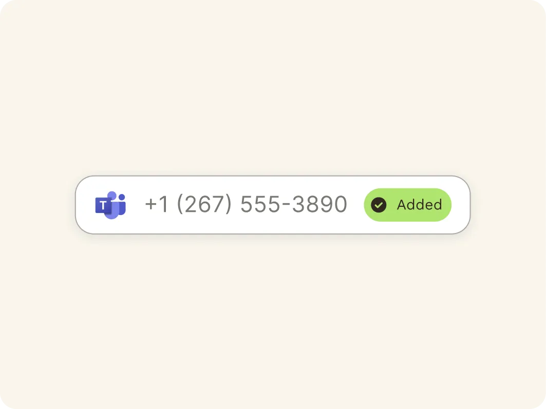 A Microsoft Teams icon, a phone number +1 (267) 555-3890, and a green checkmark button labeled Added appear on a light background, highlighting omnichannel messaging for Microsoft Teams.