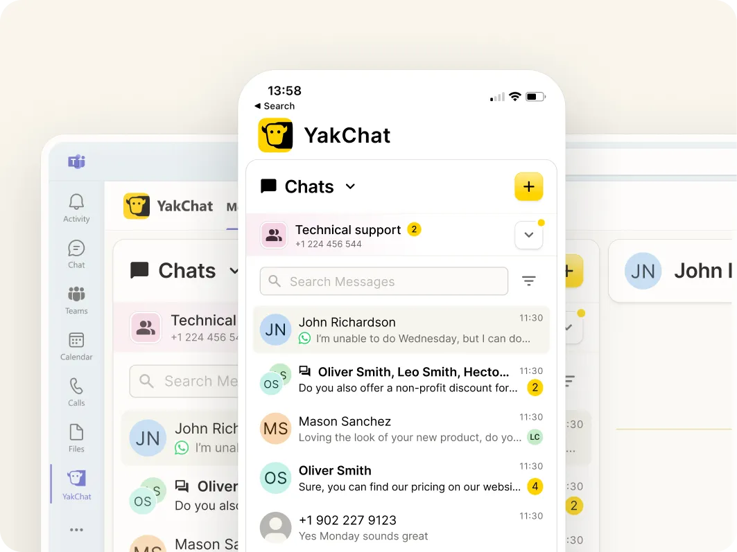 A smartphone screen shows the YakChat app with chat messages for technical support and contacts, highlighting omnichannel messaging for Microsoft Teams. The interface is clean, featuring a search bar, chat list, yellow accents, and a blurred desktop version in the background.