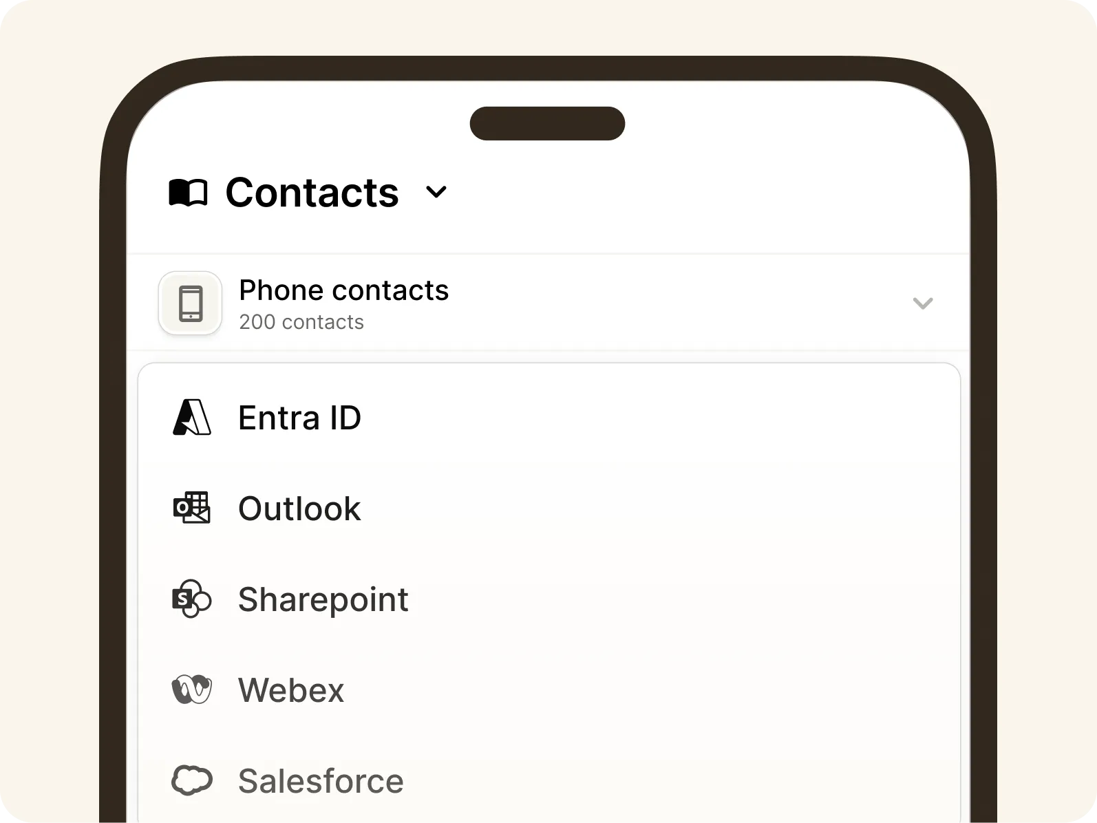 A smartphone screen displays a contacts list with 200 phone contacts and options for Entra ID, Outlook, Sharepoint, Webex, and Salesforce accounts.