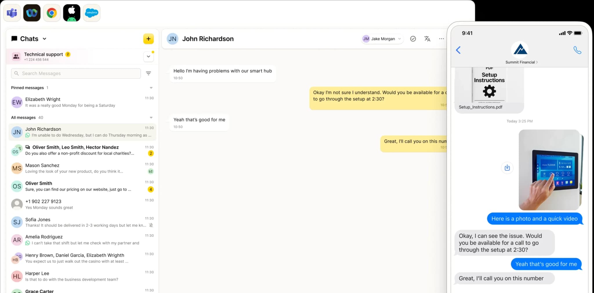 A computer screen shows a chat interface with conversations on the left and an open chat with John Richardson in the center. On the right, a mobile phone screen displays an RCS for Business text conversation about viewing a smart hub video.