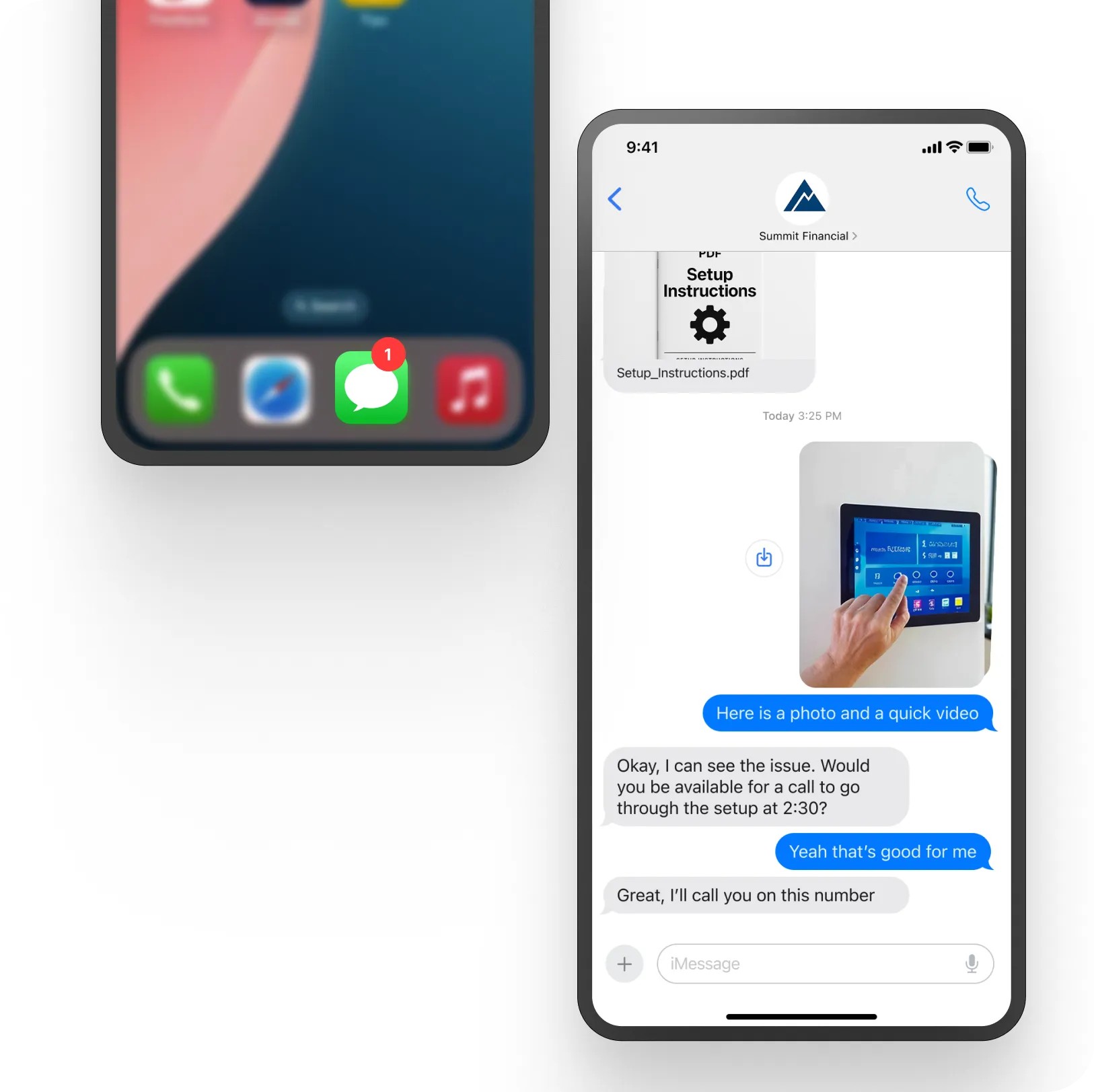 A smartphone displays a messaging app conversation about setup instructions using RCS for Business, alongside a photo of a hand touching a tablet’s control panel. A notification badge is visible on another phone screen in the background.