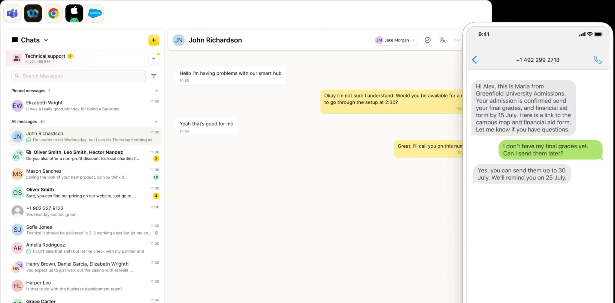 A computer screen shows a chat with John Richardson discussing problems with a smart hub, while an overlaid phone displays an SMS for business asking about final grades and receiving reassurance they will be sent soon.