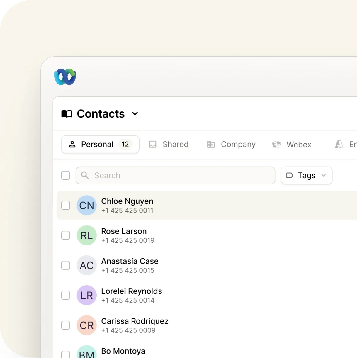 A digital contacts list interface displaying names and phone numbers, with options to filter by personal, shared, company, and tags. The contact Chloe Nguyen is highlighted at the top of the list.