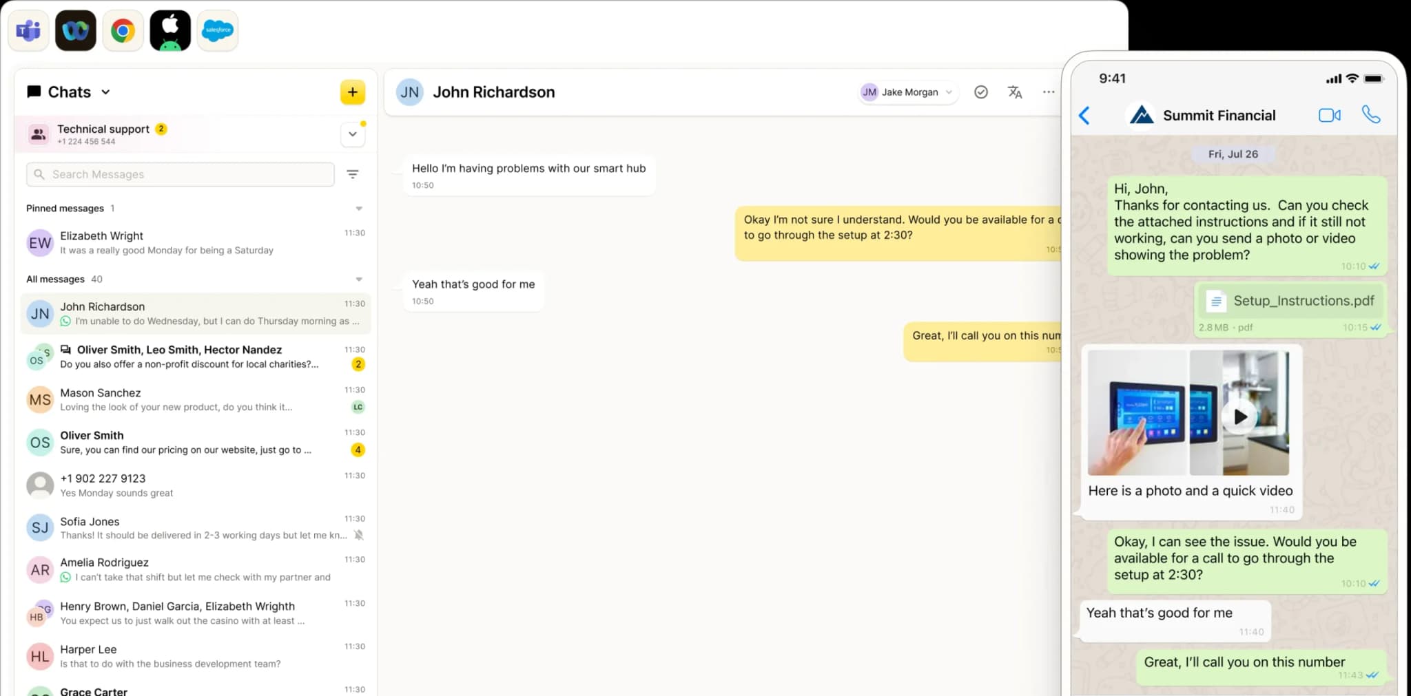 A desktop screen shows a chat with John Richardson about smart hub issues, while a mobile phone overlaps the screen displaying a WhatsApp Business Messaging conversation with Summit Financial about setting up an investment review.