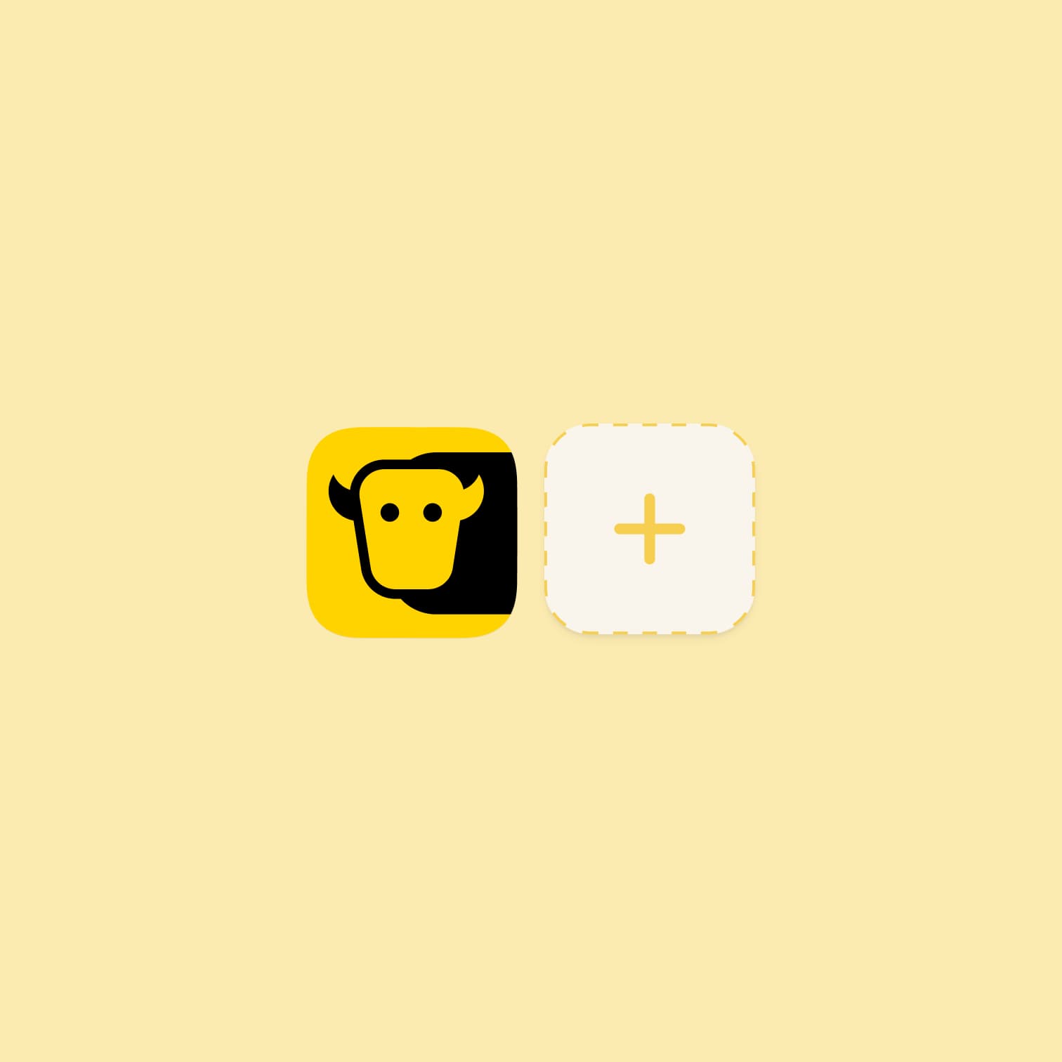 Two app icons on a pale yellow background: one with a black bulls head on yellow, and one white square with a yellow dotted border and a centered gray plus sign.