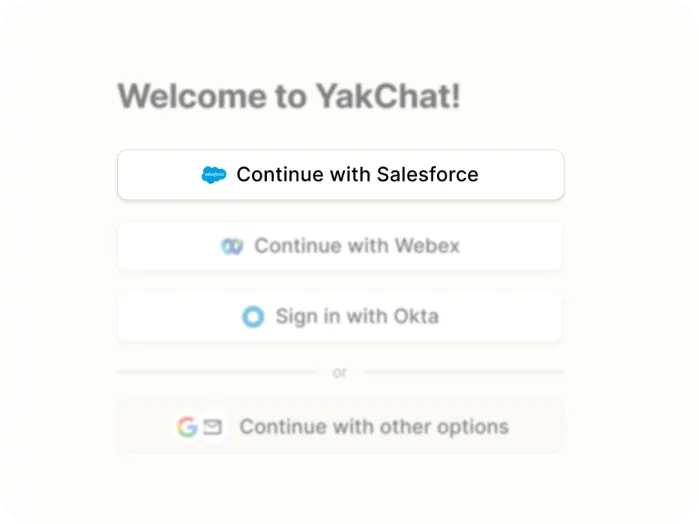 Login screen for YakChat with options: Continue with Salesforce, Continue with Webex, Sign in with Okta, and Continue with other options (Google icon). The Salesforce option is highlighted.