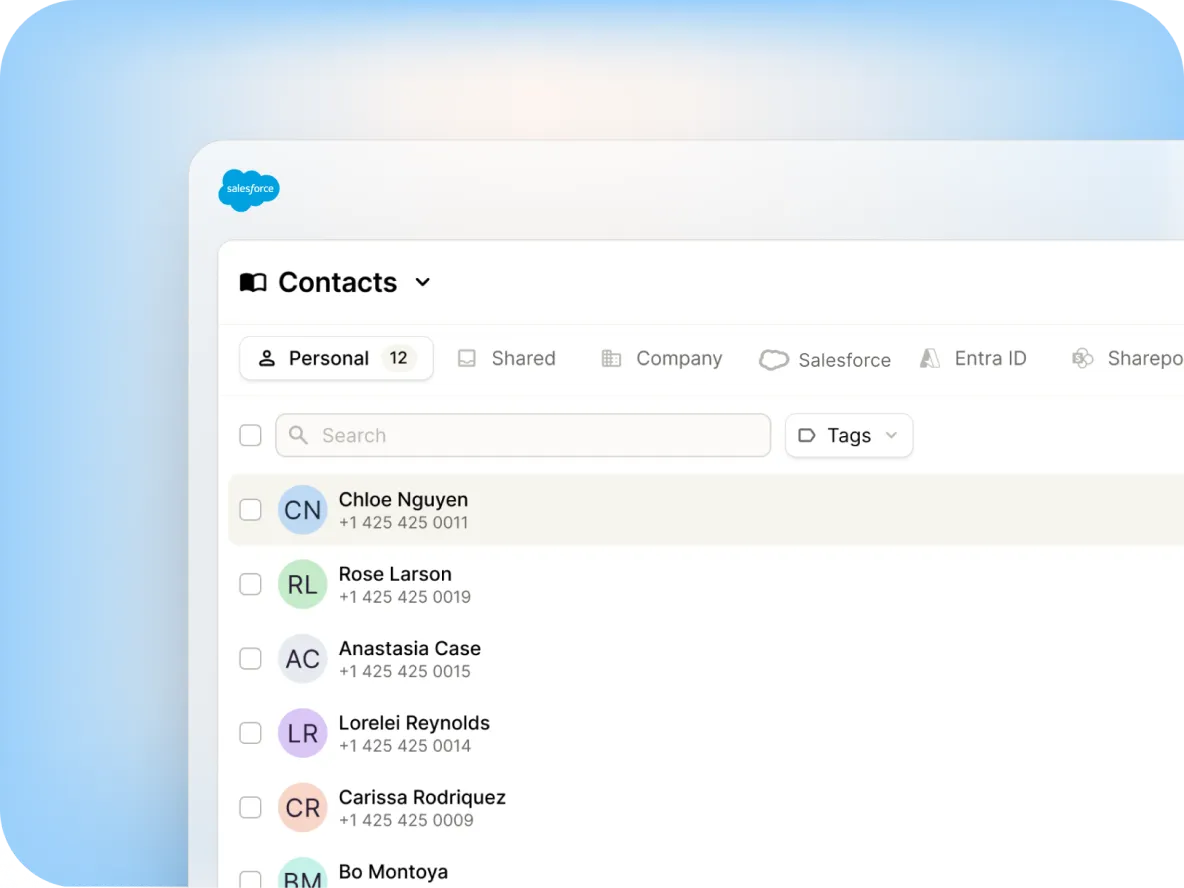 A screenshot of a contacts list in Salesforce showing names, initials, and phone numbers under the “Personal” tab, with options to filter by Shared, Company, and tags. The contacts have colored initials beside their names.