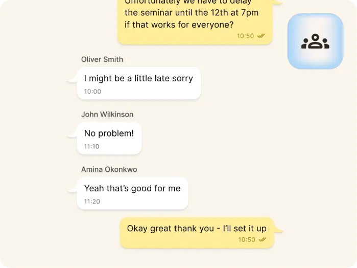 A chat conversation about rescheduling a seminar. One person apologizes for being late, others respond positively, and the organizer confirms setting up the new time. A group icon is shown on the right.