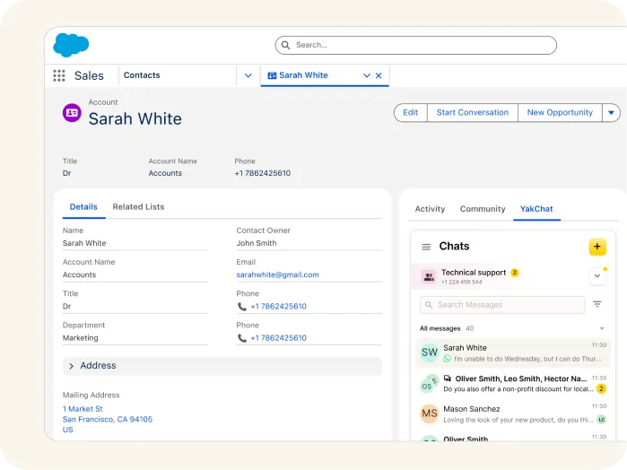 A Salesforce account page for Sarah White displays contact details, account info, mailing address, and a YakChat sidebar showing chat messages with contacts named Oliver Smith and Mason Sanchez.