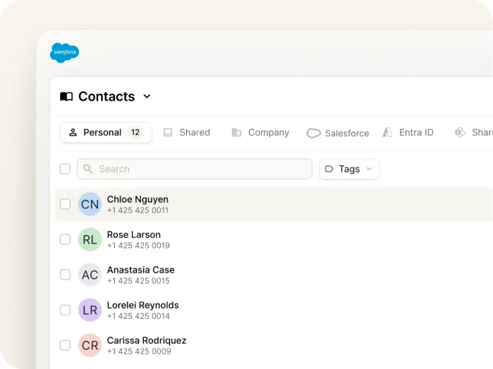 A computer screen showing a contacts list in Salesforce, with names, colored initials, and phone numbers. The Personal contacts tab is selected, displaying five contacts with checkboxes beside each name.