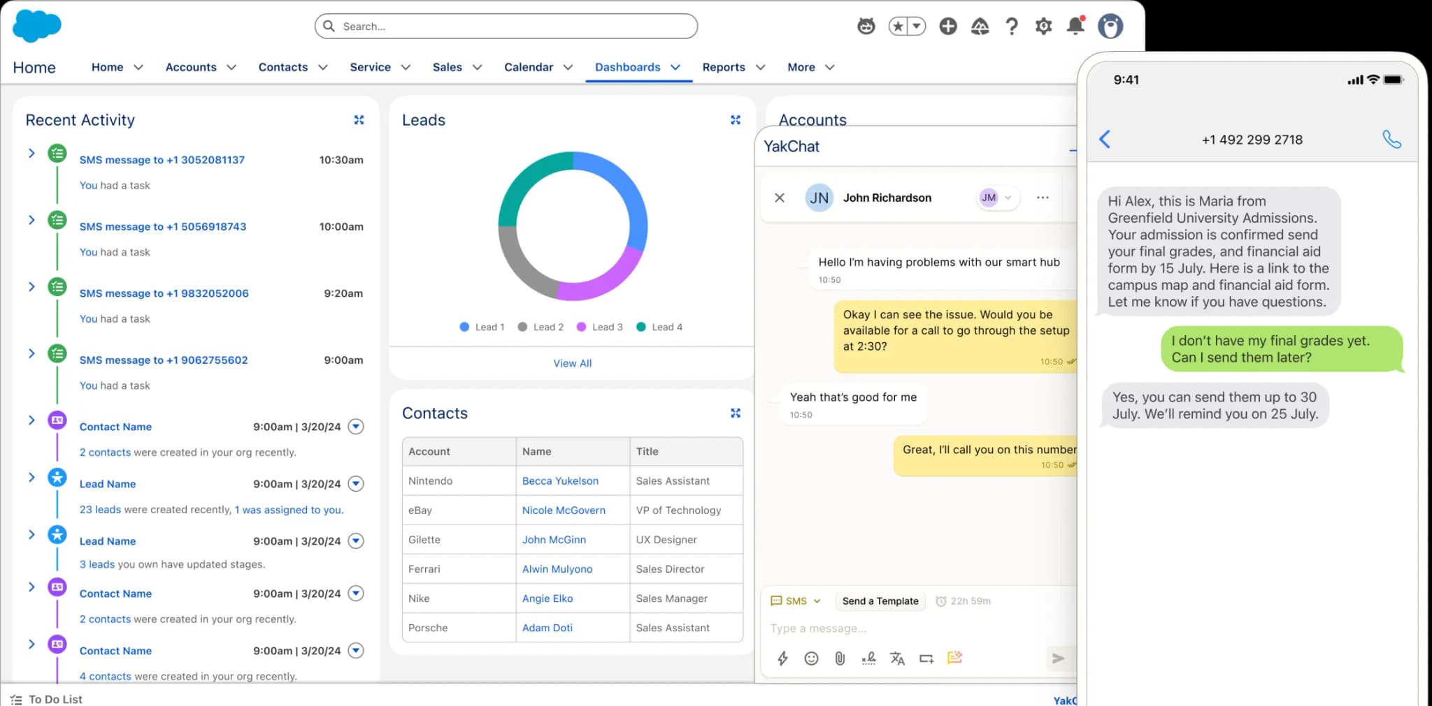 A Salesforce dashboard displays recent activity, a leads pie chart, account info, and a chat window where a user asks for their grades. The chat assistant responds, offering to send the results via email.