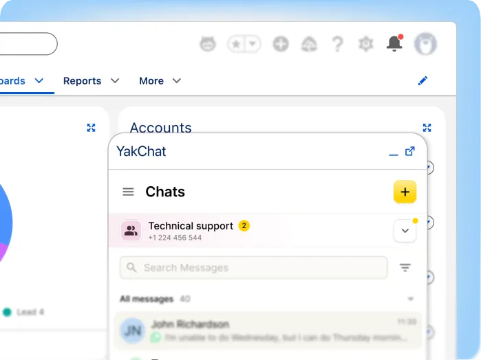 A computer screen shows a dashboard with a YakChat window open, displaying a chat with Technical support and a list of messages. Icons for notifications and settings are visible at the top.