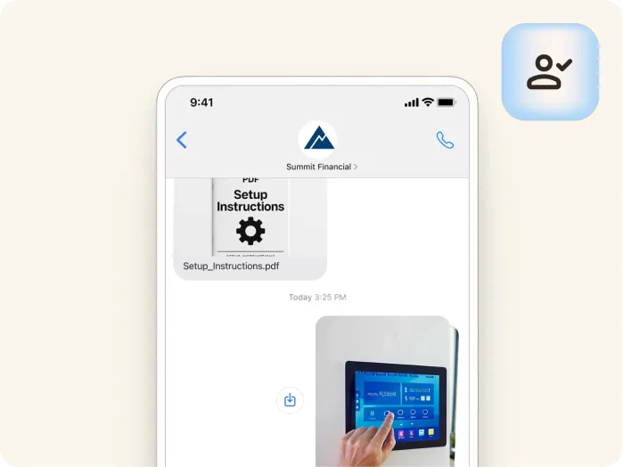 A smartphone screen shows a chat with a PDF labeled Setup Instructions and a photo of a hand touching a wall-mounted touchscreen displaying various options. An icon of a person with a checkmark appears in the top right corner.
