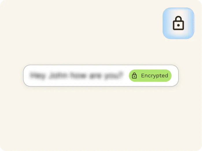 A blurred chat message with a green Encrypted label and a padlock icon, indicating that the conversation is protected for privacy and security. A larger padlock icon is shown in the top right corner.