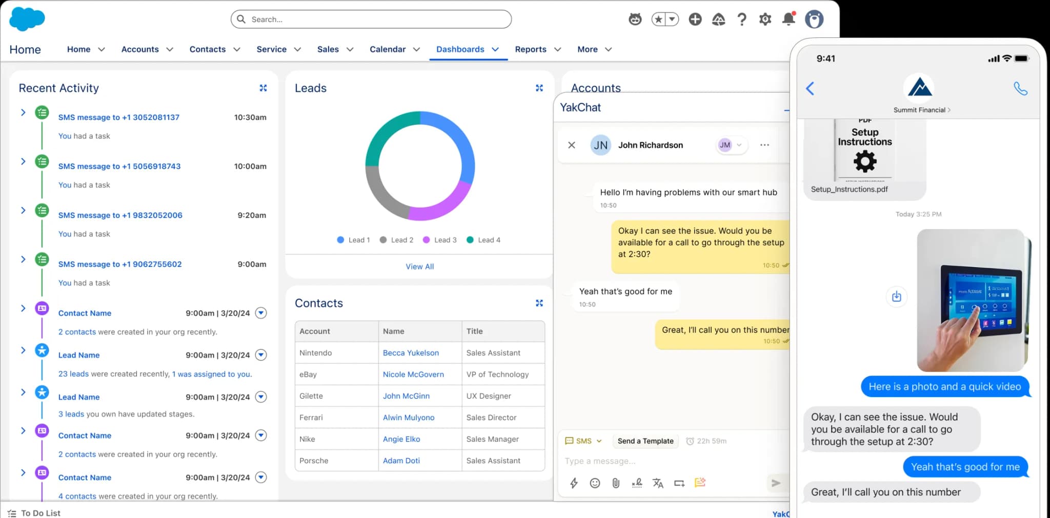 Screenshot of a Salesforce dashboard showing recent activity, leads, and contacts on the left, and a chat window with a customer conversation about video support on the right, including a mobile view of the chat.