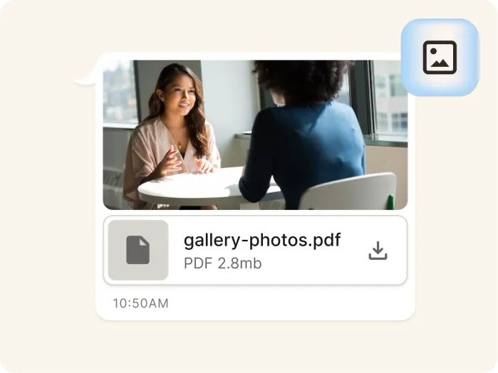 A chat message shows a photo of two people talking at a table by a window, followed by a PDF file attachment labeled gallery-photos.pdf with a file size of 2.8MB and a download icon. Timestamp: 10:50 AM.