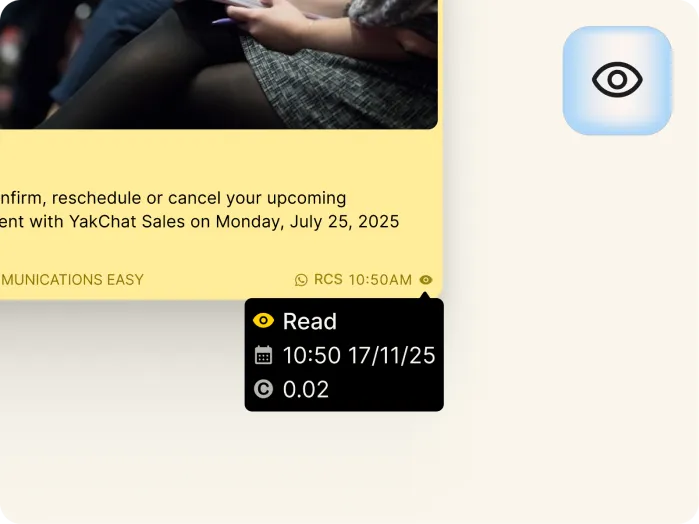 A close-up of a digital message screen displays a Read receipt with icons indicating the time as 10:50 on 17/11/25 and a value of 0.02. Part of a chat message and an eye icon are also visible.