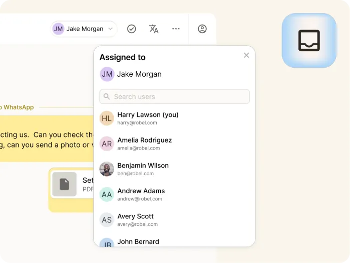 A pop-up window shows a task assigned to Jake Morgan, with a list of users including Harry Lawson, Amelia Rodriguez, Benjamin Wilson, Andrew Adams, Avery Scott, and John Bernard. An icon of a book appears on the right.