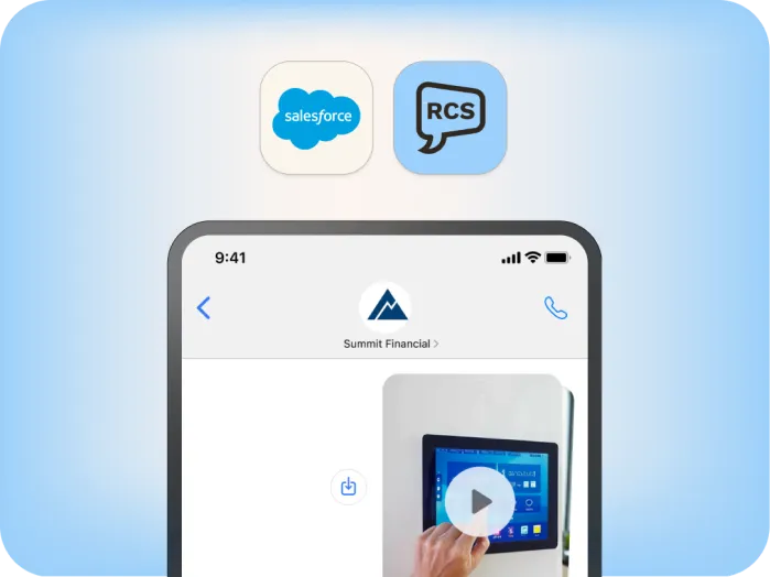 A smartphone screen shows a message from Summit Financial with a video preview of a hand using a touchscreen device. Above, Salesforce and RCS app icons are displayed on a blue gradient background.
