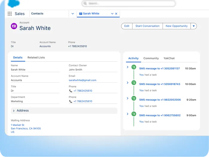 A CRM dashboard displays account details for Sarah White, including contact info, address in San Francisco, and recent SMS messages with times listed on the right under Activity. Tabs and navigation options appear at the top.