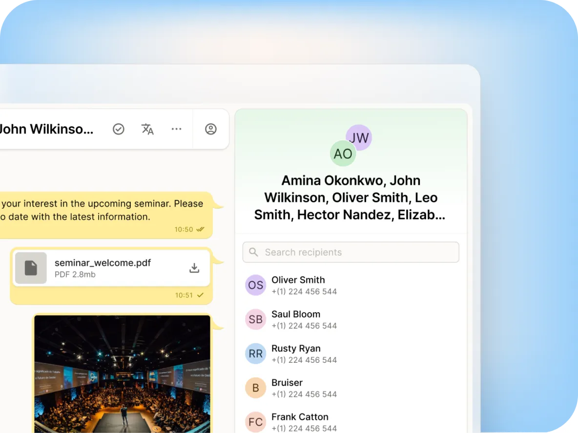 A computer screen shows a messaging app with a chat about a seminar, an attached PDF, and a list of recipients including Amina Okonkwo, John Wilkinson, Oliver Smith, and others, over a blue gradient background.