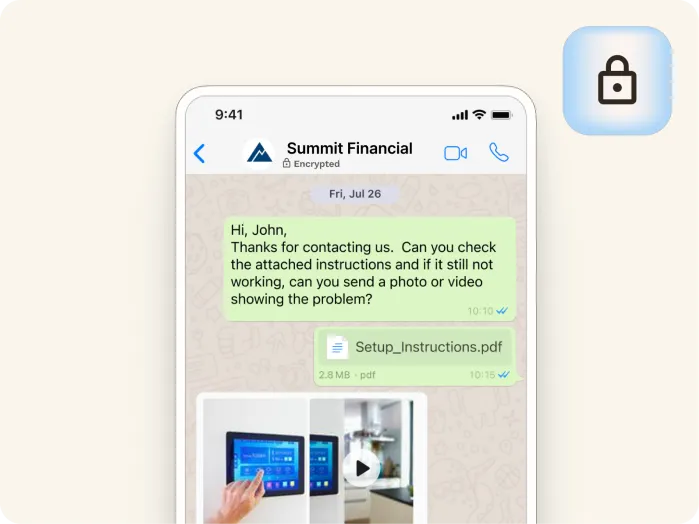 A smartphone screen shows a secure chat with Summit Financial. A message asks John to check a PDF attachment for setup instructions and to send a photo or video if there’s an issue. A lock icon appears in the corner.