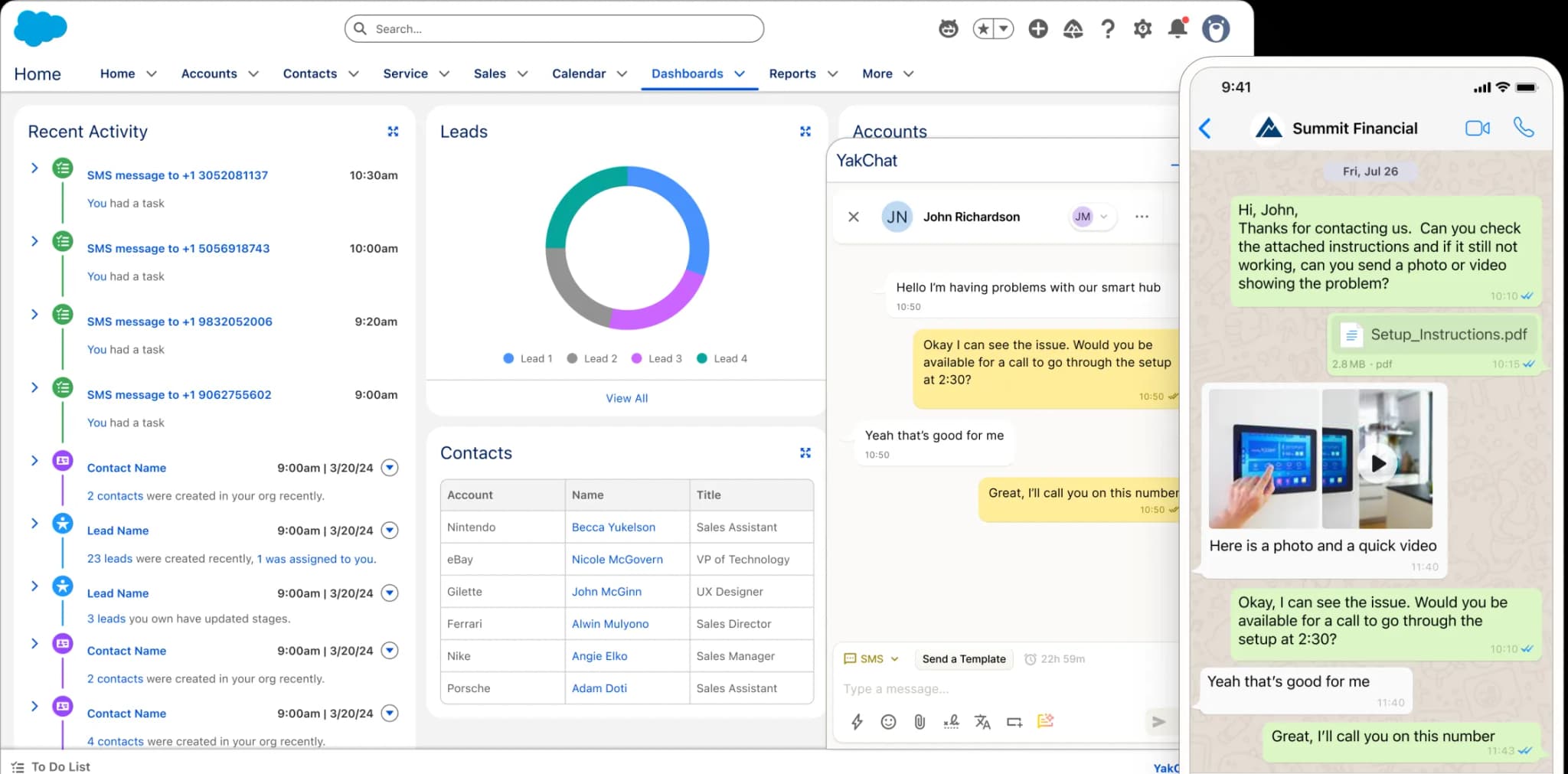 A Salesforce dashboard is displayed on a computer screen, showing recent activity, a leads chart, and a list of contacts. A mobile phone overlaps, displaying a chat conversation with a customer named John Richardson.
