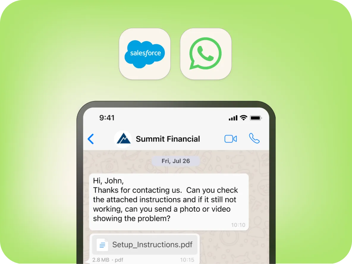 A smartphone screen shows a WhatsApp message from Summit Financial asking John to check attached instructions or send a photo/video of his issue. Salesforce and WhatsApp logos appear above on a green gradient background.