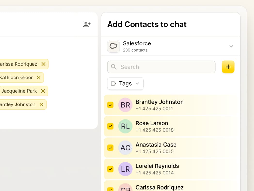 A chat app screen showing a contact list with names, initials, and phone numbers. The Add Contacts to chat panel is open with options to search and filter by tags.
