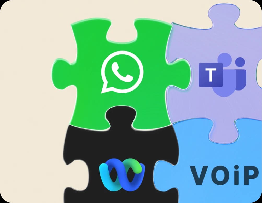 Four puzzle pieces, each with a communication app logo: WhatsApp on green, Microsoft Teams on purple, Webex on black, and VoIP on blue. The pieces are connected, symbolizing unified communication.